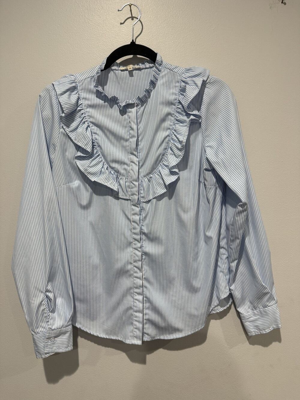 Bleuh Ciel Blue White Pinstripe Long Sleeve Blouse Top Cottage Victorian Large